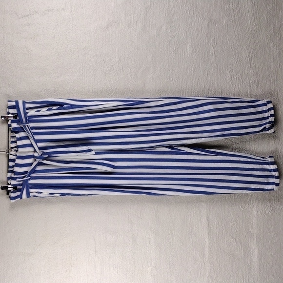 BERSHKA Blue White Striped Paper High Rise Bag Waist Skinny Leg Pull On Pant - Picture 13 of 13